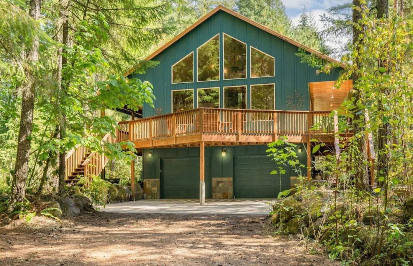 Lost Shelter Chalet surrounded by evergreen forest in Rhododendron