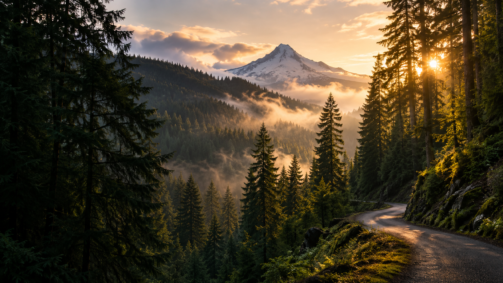 Mt. Hood rising above an evergreen forest at golden hour