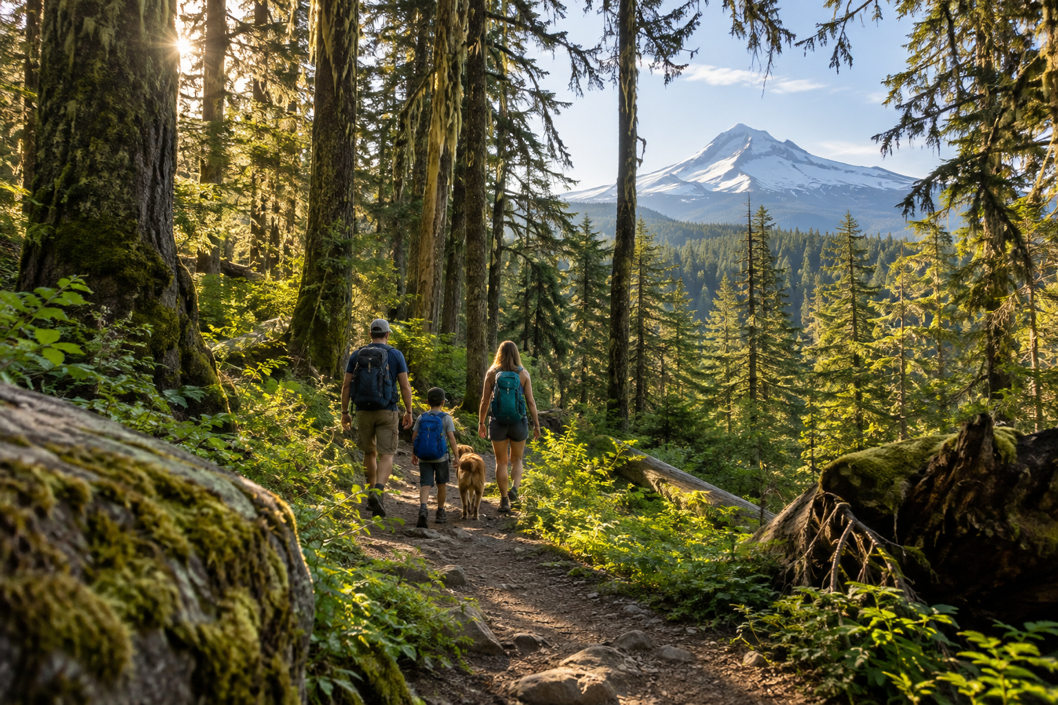 Family hiking through a sunlit Pacific Northwest forest