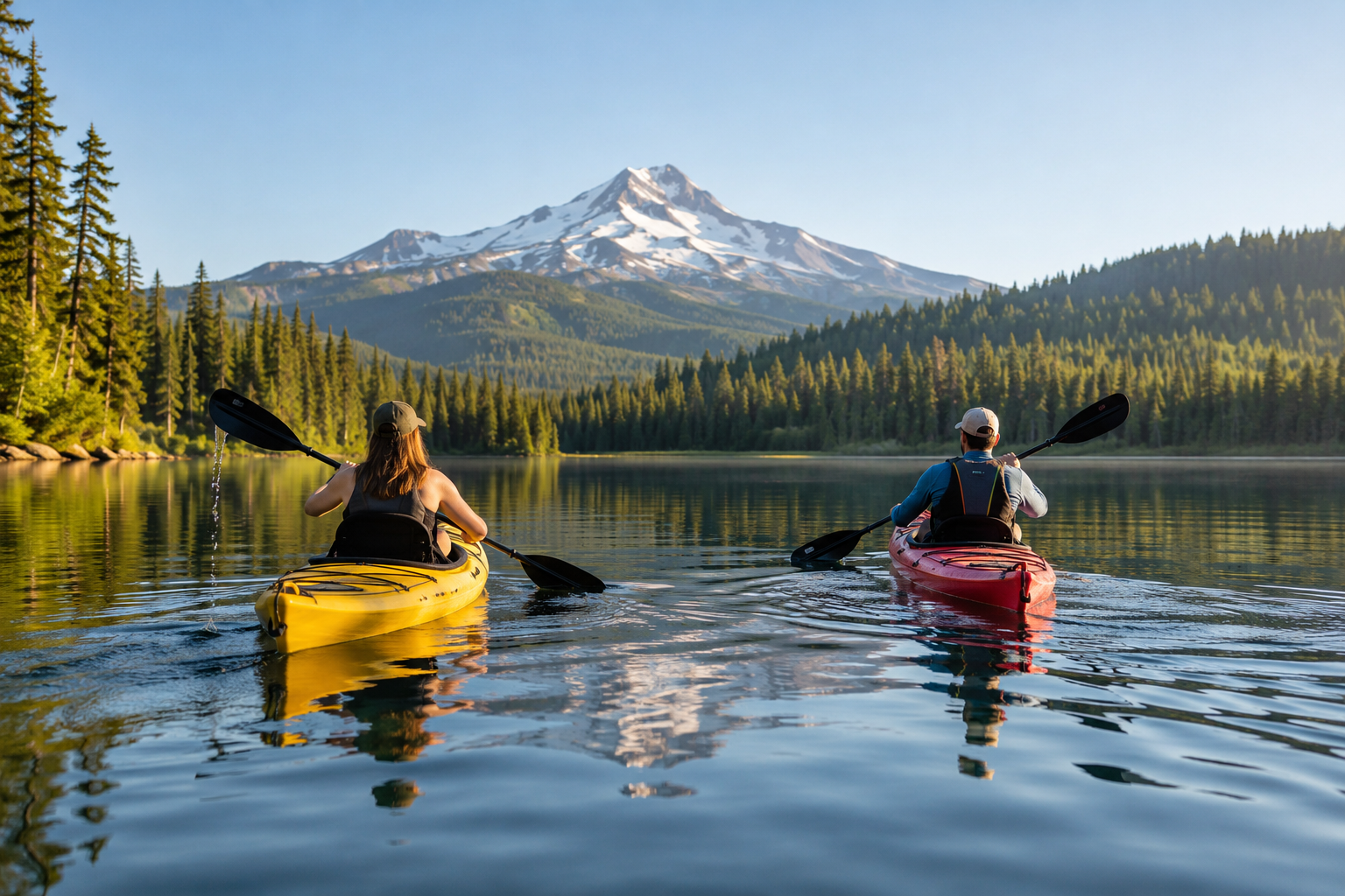 Kayakers crossing a calm mountain lake beneath Mt. Hood