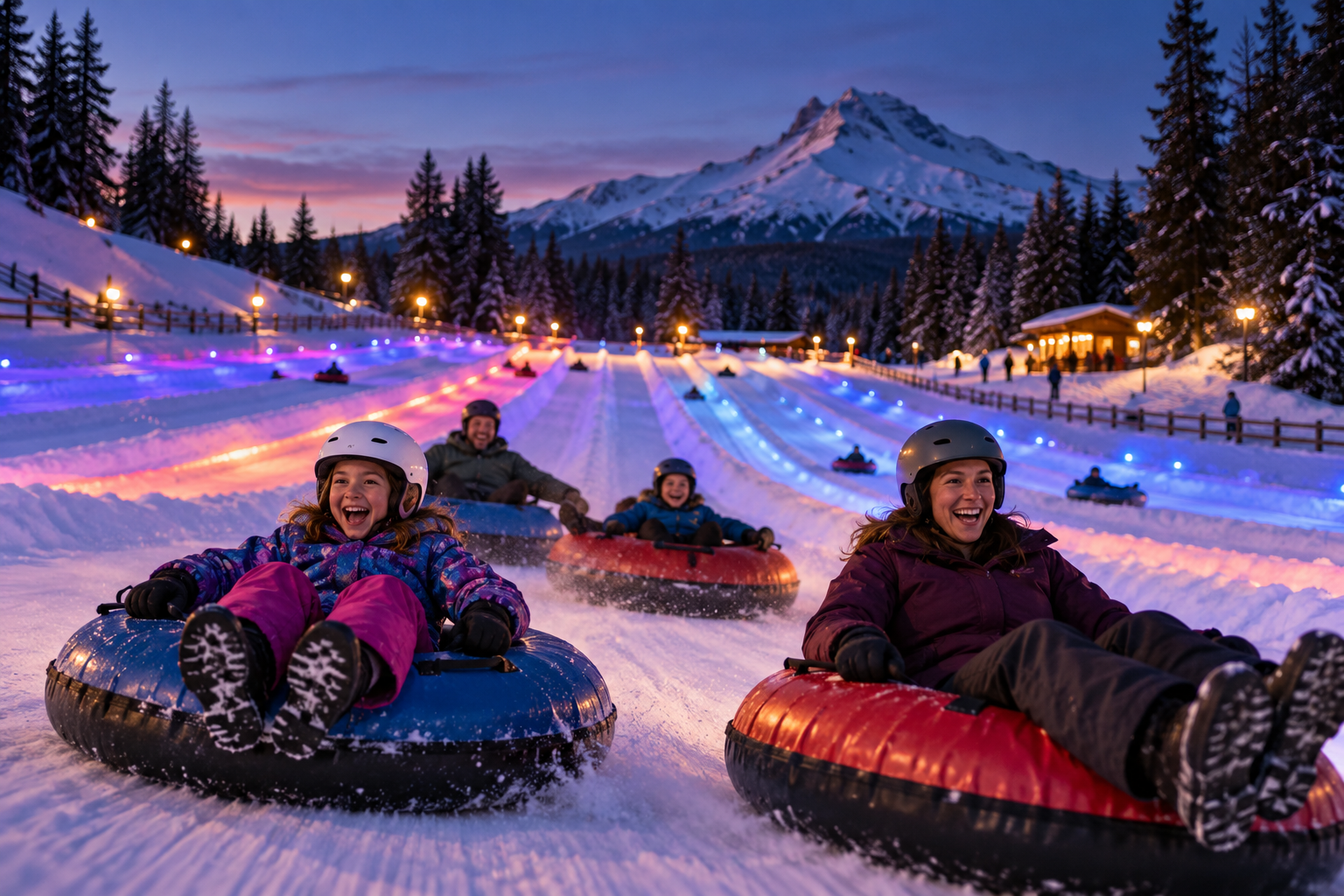Families enjoying illuminated snow-tubing lanes at dusk